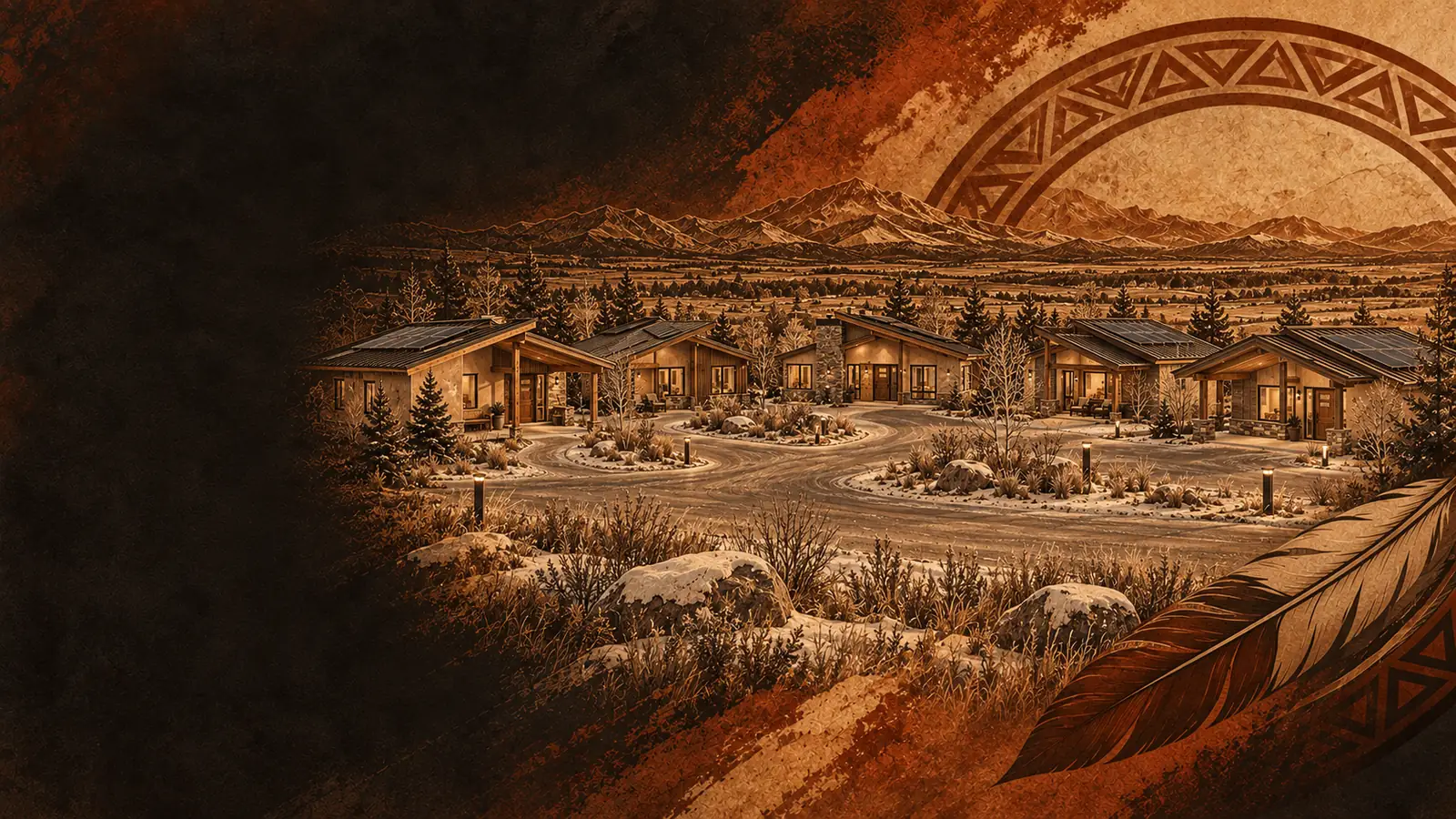 Illustrative Indigenous community housing concept in a copper architectural style