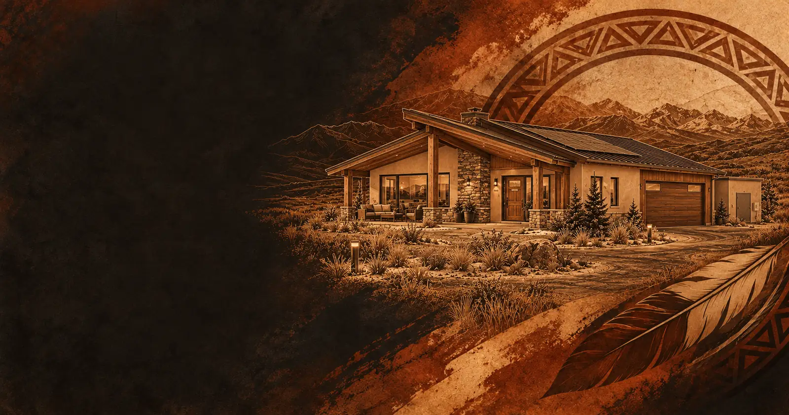 Illustrative energy-efficient community home in a copper architectural style