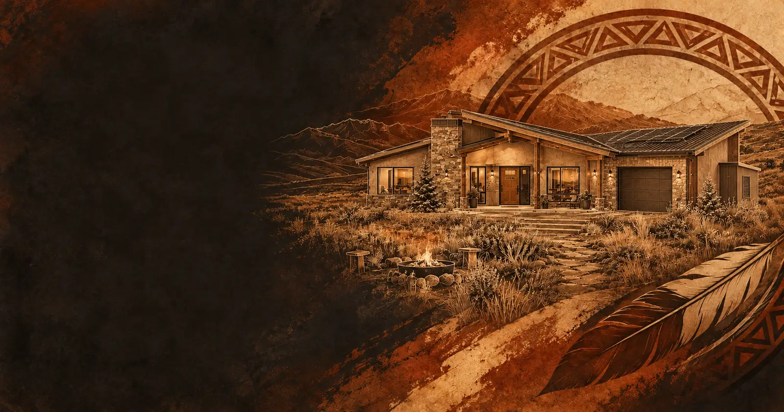 Illustrative community home with covered porch in a copper architectural style